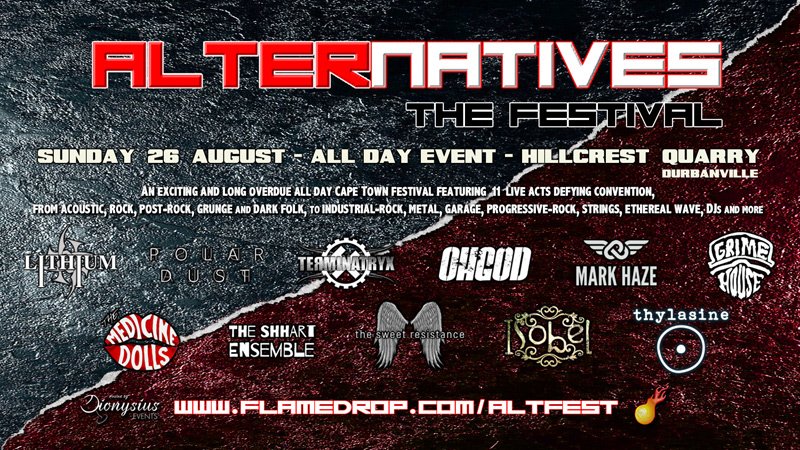 TERMINATRYX's tweet photo. .@LoveSAEnt
The exciting and diverse all-day ALTERnatives music festival will have its debut in 2 weeks (Sunday 26 August) at Hillcrest, Durbanville!
11 acts incl. Lithium, Grimehouse, Terminatryx, Mark Haze, OhGod, Polar Dust & more.
Food trucks, child-friendly.
#AltFestSA https://t.co/FWyuuFUW9d