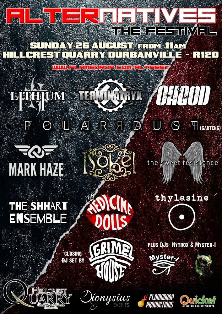 TERMINATRYX's tweet photo. .@allcapetown
The exciting and diverse all-day ALTERnatives music festival will have its debut in 2 weeks (Sunday 26 August) at Hillcrest, Durbanville!
11 acts incl. Lithium, Grimehouse, Terminatryx, Mark Haze, OhGod, Polar Dust & more.
Food trucks, child-friendly.
#AltFestSA https://t.co/m2PcKwg9TY