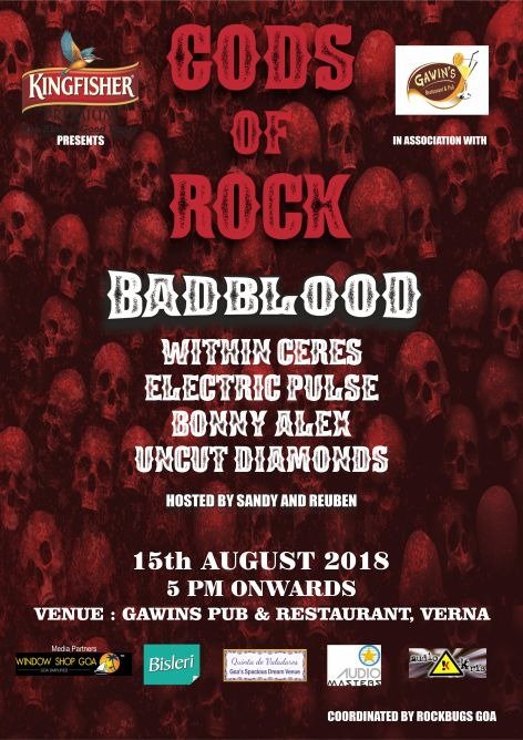 "Gods of Rock"

Bad Blood

Within Ceres
Electronic Pulse
Bonny Alex
Uncut Diamonds

Venue: Gawins Pub &amp; Restaurant, Verna

Read more: facebook.com/events/1365528…