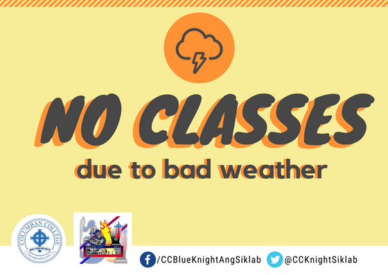 CCKnightSiklab's tweet photo. ANNOUNCEMENT:
As per advised by our City Mayor, all classes in all levels are suspended tomorrow (August 13,2018).
Keep Safe, Columbanites!!
#AngSiklab
#TheBlueKnight https://t.co/CfBcEGqX5b