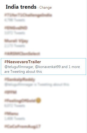 KonaFilmCorp's tweet photo. Yes, We are Trending...in India🙌💪
#NeevevaroTrailer 
Watch again > https://t.co/9kibOs2Pl7
#NeevevaroOnAUG24th 
@AadhiOfficial @konavenkat99 @ritika_offl @taapsee @HarinathDirect1 @neevevaro @vennelakishore @MangoMusicLabel @achurajamani @NeerajaKona https://t.co/YiC9cRhiR8