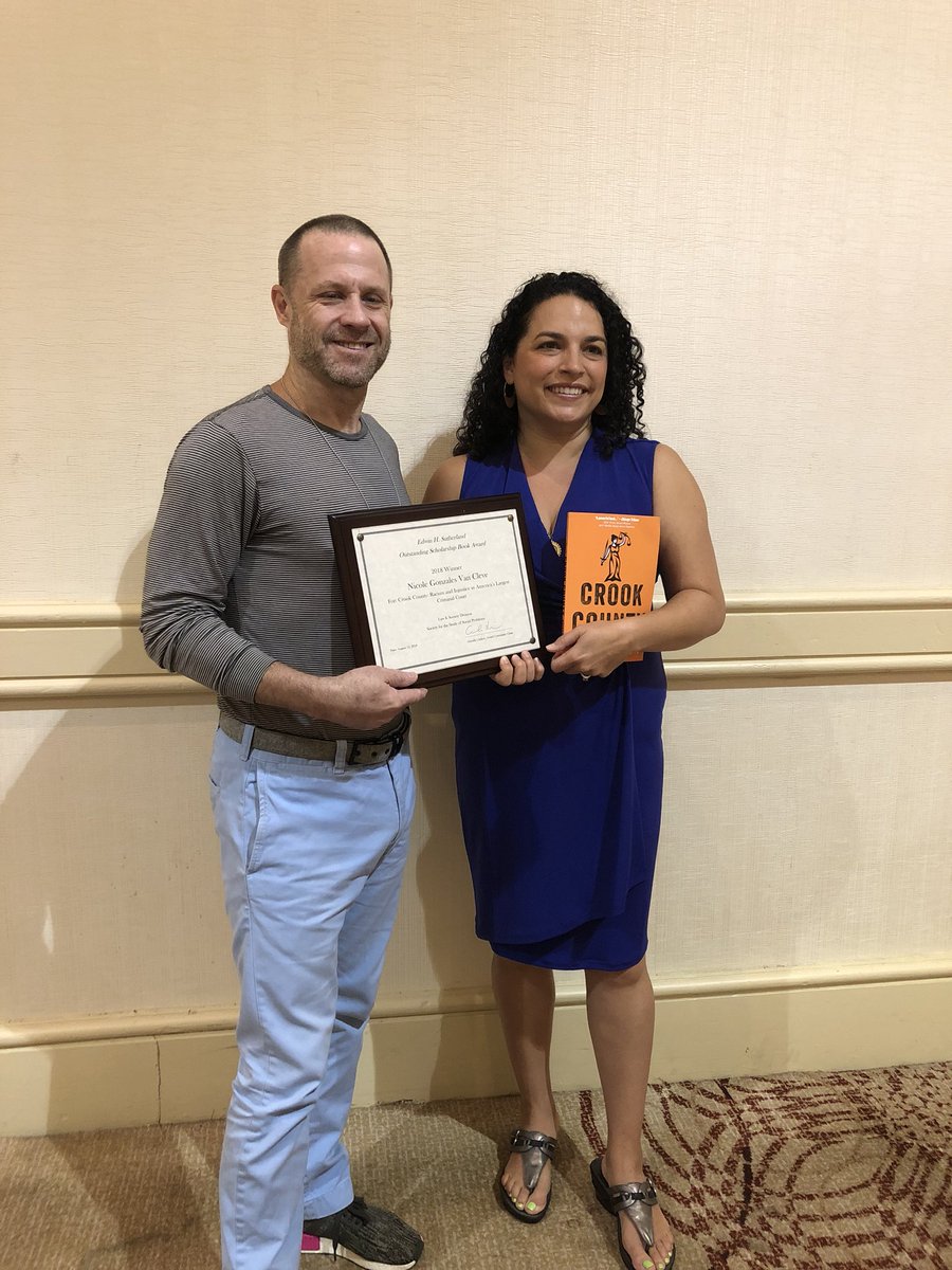 KatieD_PhD's tweet photo. SSSP Law &amp; Society is excited to present our Sutherland book award to @nvancleve, author of Crook County! Congratulation! #SSSP18 #SSSP2018 🥂 https://t.co/0un2Sqemaz
