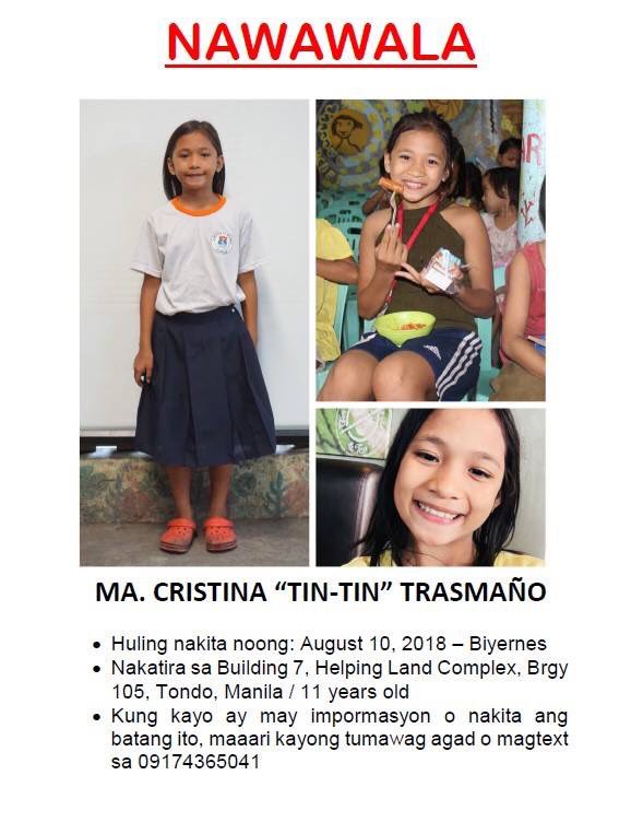 eacayan's tweet image. Urgent. I am begging on behalf of this girl's family, please help find this girl. Her name is Ma. Cristina Trasmaño, or "Tin-Tin." Tin-Tin was last seen in Helping Land, Tondo last Friday. She is 11 years old.