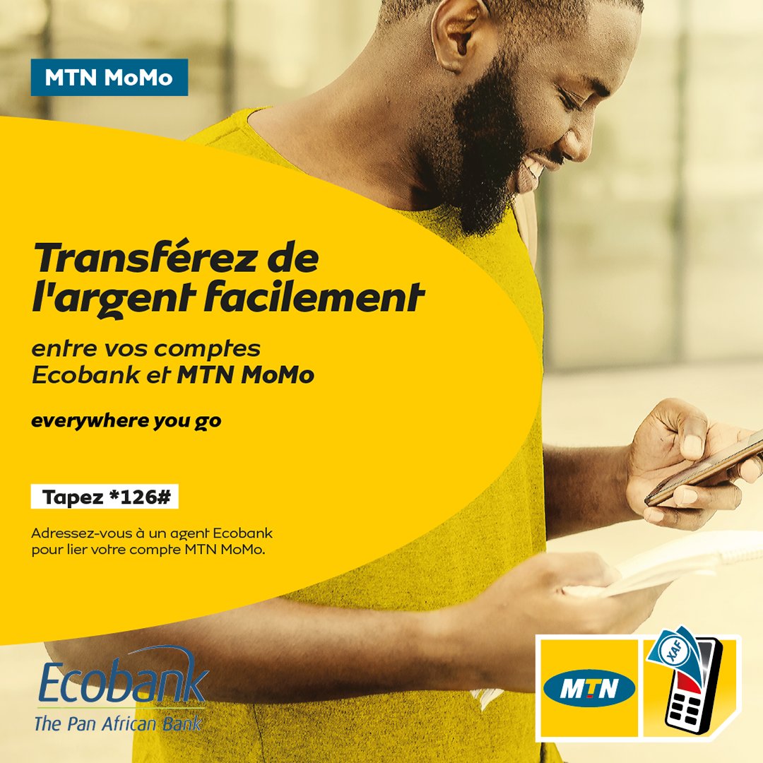 MTNCameroon's tweet photo. Y'ello! Désormais, pas besoin de chercher un distributeur dans toute la ville ou de faire la queue au guichet. Transfère l'argent de ton compte bancaire vers ton compte MoMo et vice versa. Pour lier tes comptes, adresse-toi à un agent Ecobank. Tape *126# #MTNMoMoCestTropSimple https://t.co/TlYe277ElR