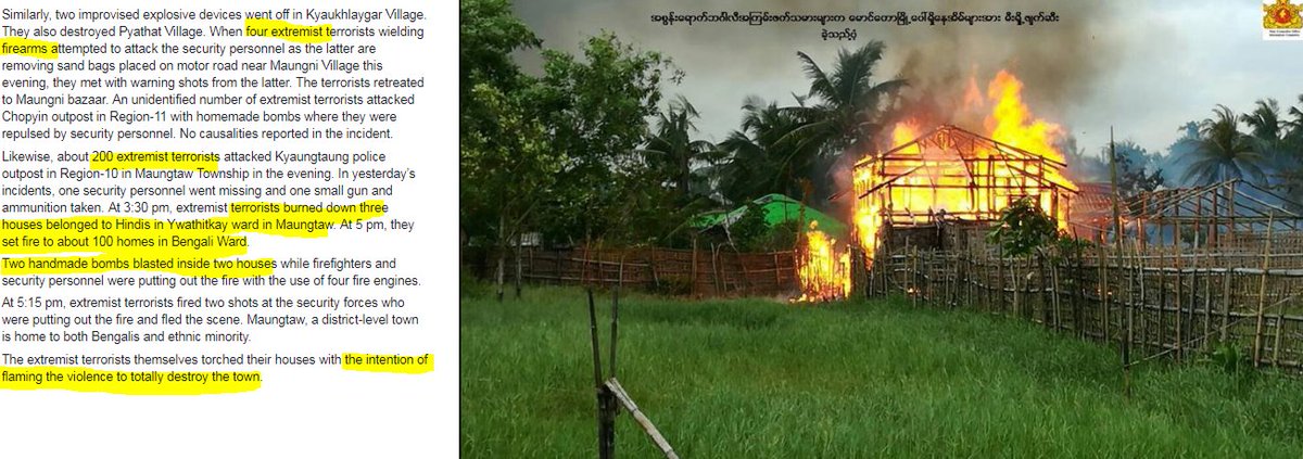 Aug 27, 2017-Breaking News 10 | Terrorists trying to destroy  #Maungtaw100 terrorists attacked police outpost with 4 handmade bombs. When they were repulsed, retreated to nearby *mountain* & 500 terrorists come back for the 2nd attack.Detail here  https://bit.ly/2MCuO6V&nbsp;