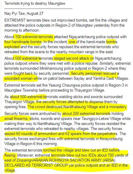 Aug 27, 2017-Breaking News 10 | Terrorists trying to destroy  #Maungtaw100 terrorists attacked police outpost with 4 handmade bombs. When they were repulsed, retreated to nearby *mountain* & 500 terrorists come back for the 2nd attack.Detail here  https://bit.ly/2MCuO6V 