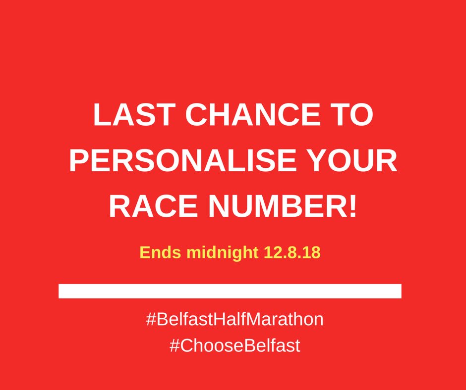 🎽LAST CHANCE TO PERSONALISE YOUR RACE NUMBER 🎽

Still not entered? We’re fast approaching a sell out with just around 1,000 entries left! TONIGHT is your last chance to choose the Personalised Race No option when registering for the Deep RiverRock Belfast City Half Marathon!