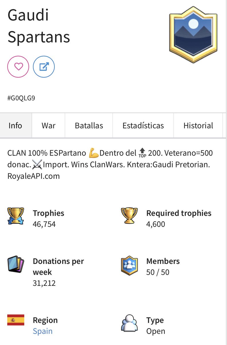 ¿Buscas clan competitivo? Clan Gaudi Spartans dentro del top 200 500 donaciones importantes victorias de guerras. Trofeos mínimos 4600.