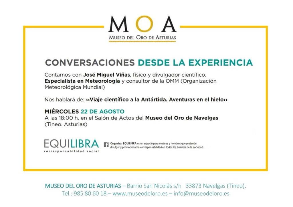 MOroAsturias's tweet photo. El próximo 22 de agosto, el grupo #Equilibra traslada una de sus conversaciones desde la Experiencia a Navelgas. El invitado es Jose Miguel Viñas @Divulgameteo, físico y divulgador científico especialista en meteorología. Os esperamos en el MOA, a partir de las 18h. https://t.co/i6YinbRpzo