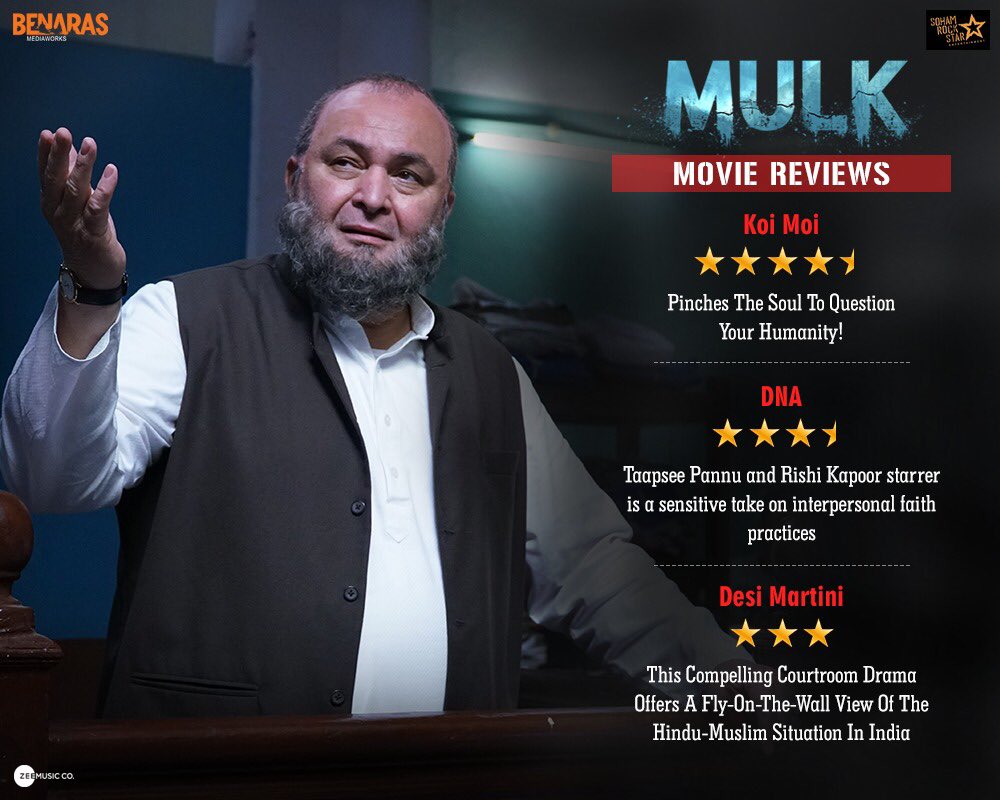 Mulk_Film's tweet photo. This thought-provoking film is winning acclaim and hearts! Watch #Mulk at a theatre near you!
https://t.co/oImovkmfjd

@taapsee @chintskap @prateikbabbar @ZeeMusicCompany 
Produced by @DeepakMukut &amp; @anubhavsinha, Directed by #AnubhavSinha, Presented by @SohamRockstrEnt https://t.co/LhtgJRrqVu