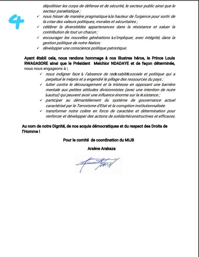 A cette journée internationale de la jeunesse, le Mouvement International d la Jeunesse Burundaise a saisi cette occasion pour rendre public l pacte pour la liberté et la dignité, un pacte longuement discuté et conclu entre la Jeunesse burundaise d l'intérieur coe  de l'extérieur