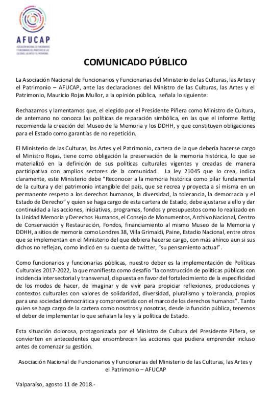 carmen_hertz's tweet photo. Declaración Asociación de Funcionarios y Funcionarias Ministerio de las Culturas, las Artes y el Patrimonio sobre declaraciones aberrantes y negacionistas de ⁦@MauricioRojasmr⁩ https://t.co/h4fDm6e4X6