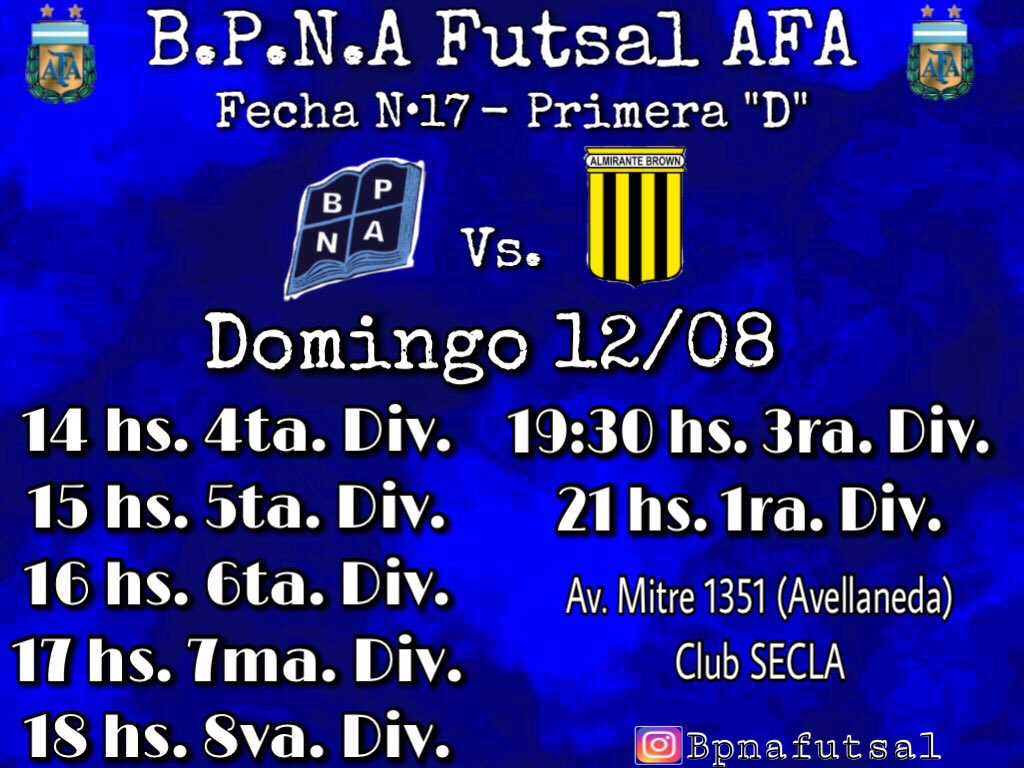 Hoy juega Almirante Futsal AFA!

B.P.N.A vs Almirante Brown.
Te esperamos a las 14 hs en Av. Mitre 1351 (Avellaneda) Club SECLA.

Vamos 🖤💛🖤💛
@FutsalPrimeraD <a href="/pasionfutsal/">Pasión Futsal</a>