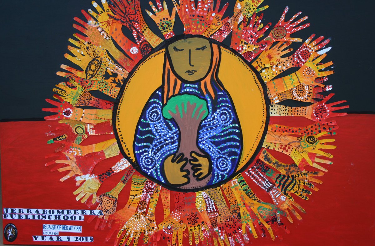 Year 5 students at Jerrabomberra Public School create an artwork for NAIDOC Week. ‘Because of her, we can!’