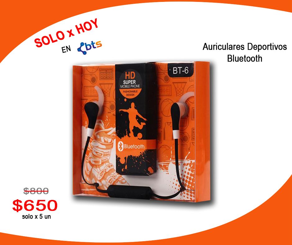 technobluetooth's tweet image. SOLO X HOY EN BTS!!!🤪AURICULAR DEPORTIVO Bt-6👉🏼$420🎉
😎 Versión Bluetooth 4.1😄Ideal para deportes🤗
👉🏼 Encontralo en Mercado Libre👉🏼 Dale Click &amp;gt;
articulo.mercadolibre.com.ar/MLA-723741469-…