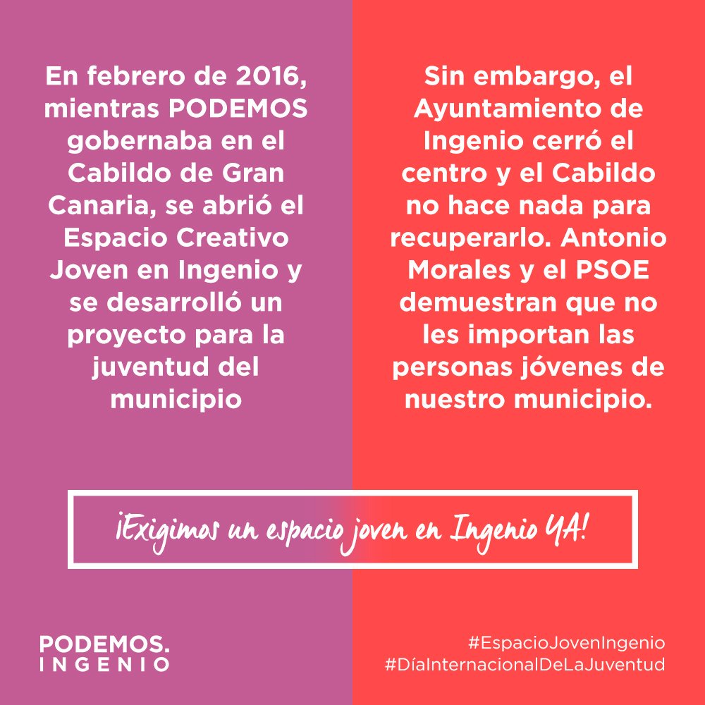 anagsr1's tweet photo. Un Espacio q favorezca la asistencia d jóvenes, q facilite su participación
Las instalaciones existen, podrían ser utilizadas
sólo faltaría un convenio para su gestión
Podemos ha presentado moción en @GranCanariaCab @Mig31MN

#EspacioJovenIngenio 
#DiaInternacionalDeLaJuventud https://t.co/UARGHqSg7p