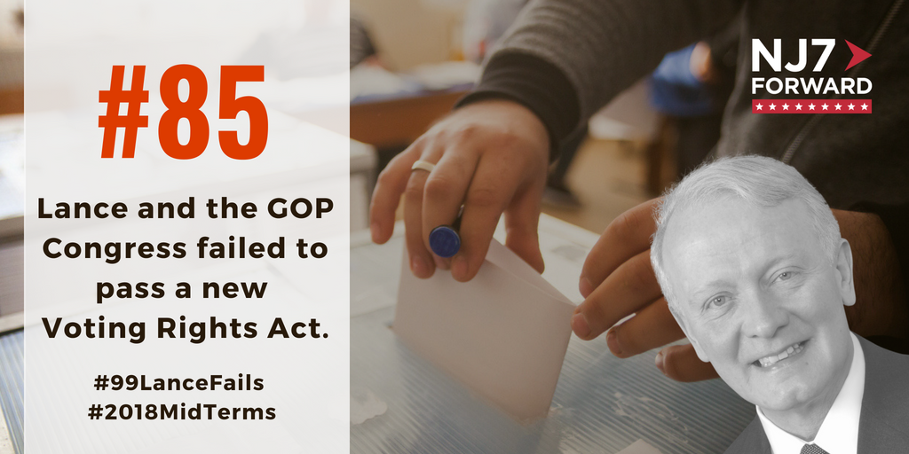 NJ7Forward's tweet photo. 85 days 'til the #2018MidTerms! #LanceFail of the day: After #Charlottesville, @RepLanceNJ7 said he supports a new Voting Rights Act to end racial discrimination in voting. But he and his GOP Congress failed to pass it. #HR3239 #Share #Vote #Nov6th #99LanceFails #NJ7Forward https://t.co/jsmbl0ybOa