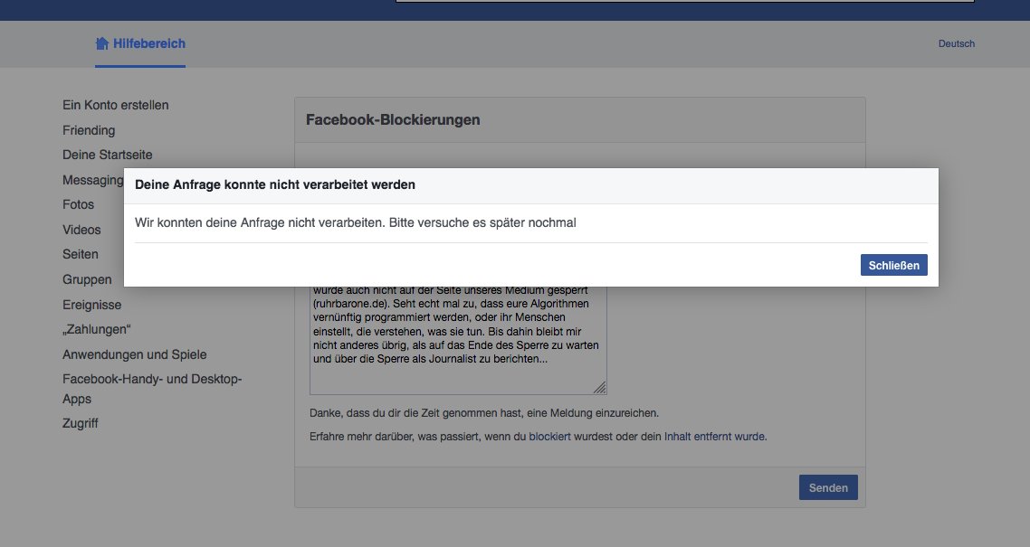 Was passiert, wenn man <a href="/facebook/">Facebook</a> versucht auf die Unrechtmäßigkeit einer Sperre hinzuweisen. #facebook