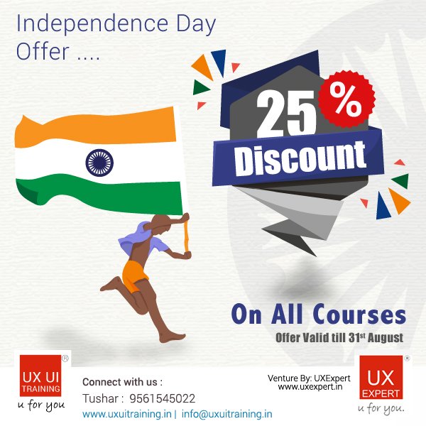 Independence Day Offer! 
25% Discount on All Courses , Offer Valid till 31st August 2018

#UX #UI #UXPune #Pune #UXUITraining #DesignThinking #courses #AskTusharD #IndependenceDayOffer #UXDesign #Corporatetraining