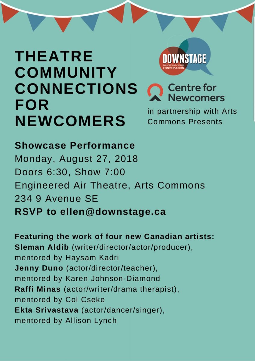 swallowabicycle's tweet photo. We're super excited for the "Theatre Community Connections for Newcomers" showcase performance on August 27! It's a partnership between @DownstageYYC, @YYCNewcomers and Arts Commons presents, featuring the work of four new Canadian artists. #yyc #yycarts https://t.co/Ti7hqHNi0g https://t.co/zKRUaZfJCW