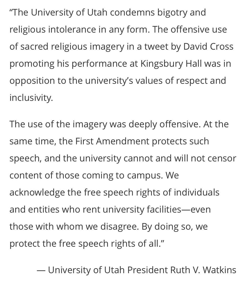 UUtah's tweet image. Statement from President Ruth Watkins on a David Cross tweet promoting his performance at Kingsbury Hall. 

*Note: This performance is being produced through an outside promoter renting the public venue and is NOT affiliated with the University of Utah.*

unews.utah.edu/statement-on-d…