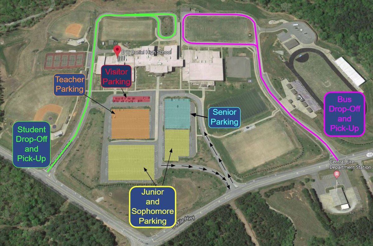 DWDanielHigh's tweet photo. If you aren’t quite sure where to park or where students should be dropped off tomorrow, here’s a map to help you out. #readyforourstudents #onedaniel https://t.co/YSmIUXFxMJ