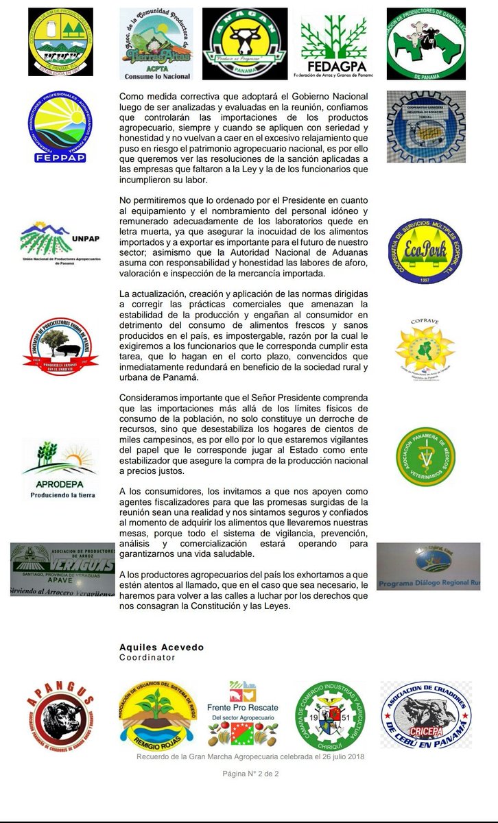 UnidosAgro's tweet photo. Comunicado de Prensa, Unidos Por el Agro 17 de agosto de #NoticiasTVN.#TReporta
#UnidosPorElAgro #productoresPanama @MiDiarioPanama @PresidenciaPan @MIDAPANAMA @MINSA_Panama @MiniS @prensapanama @chiriqui_news @nexnoticias https://t.co/9UMC8pVSbD