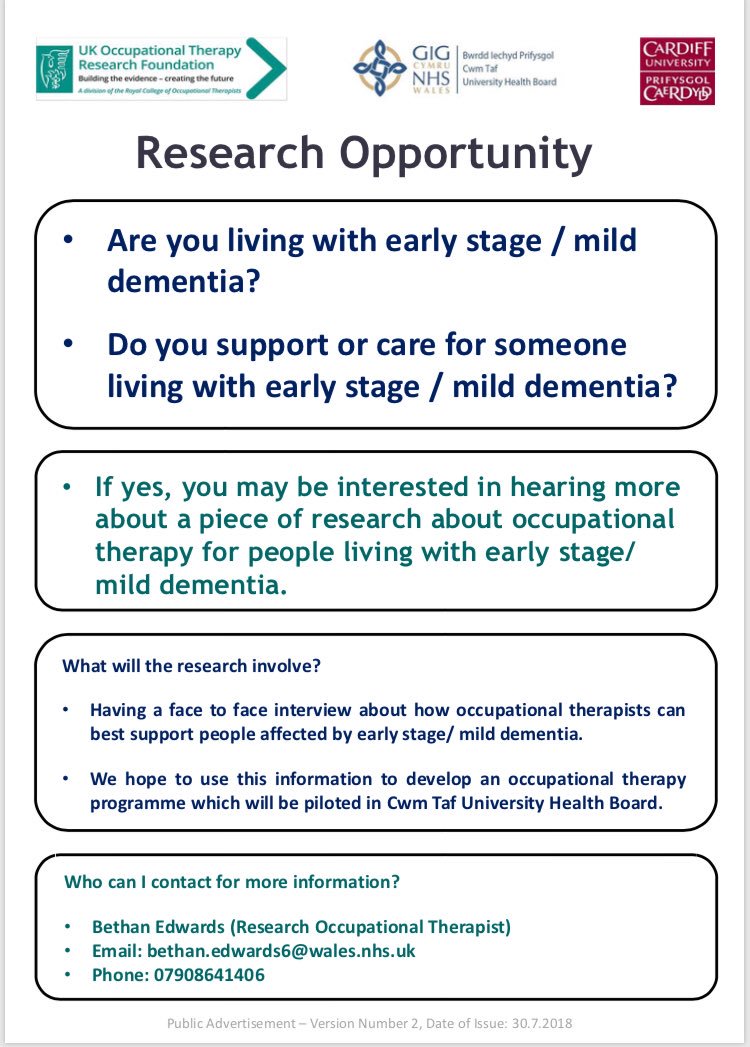 OT for Early-Stage Dementia (@occted) on Twitter photo We are now recruiting people affected by early-stage #dementia to take part in interviews about #occupationaltherapy #OT
If you are living in <a href="/CwmTaf/">Rocco C. Brito</a> Rhondda-Cynon-Taf or Merthyr, get in touch if you’re interested in taking part!
<a href="/DementiaVoices/">DEEP UK</a> <a href="/AlzSocCymru/">Alzheimer's Society Cymru</a> @CwmTaf_Research We are now recruiting people affected by early-stage #dementia to take part in interviews about #occupationaltherapy #OT
If you are living in <a href="/CwmTaf/">Rocco C. Brito</a> Rhondda-Cynon-Taf or Merthyr, get in touch if you’re interested in taking part!
<a href="/DementiaVoices/">DEEP UK</a> <a href="/AlzSocCymru/">Alzheimer's Society Cymru</a> @CwmTaf_Research