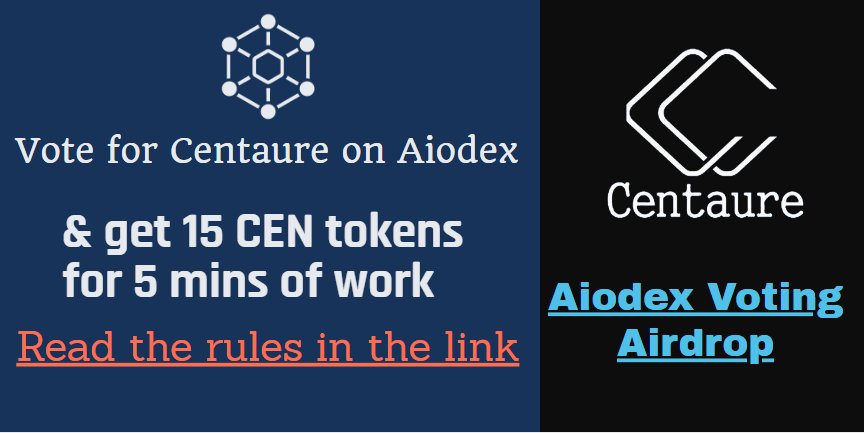 CentaureToken's tweet image. 🚀Aiodex Voting Airdrop - 15 CEN for 5 mins of work🚀
Read the full details: goo.gl/forms/LJSlIBy0… …

1.Follow @CentaureToken and retweet this tweet

2. Vote for us on Aiodex(aiodex.com/vote/coin/5b70…)

3.Fill out the form

4. Enjoy

#airdrop #centaure #bitcoin #ethereum #crypto