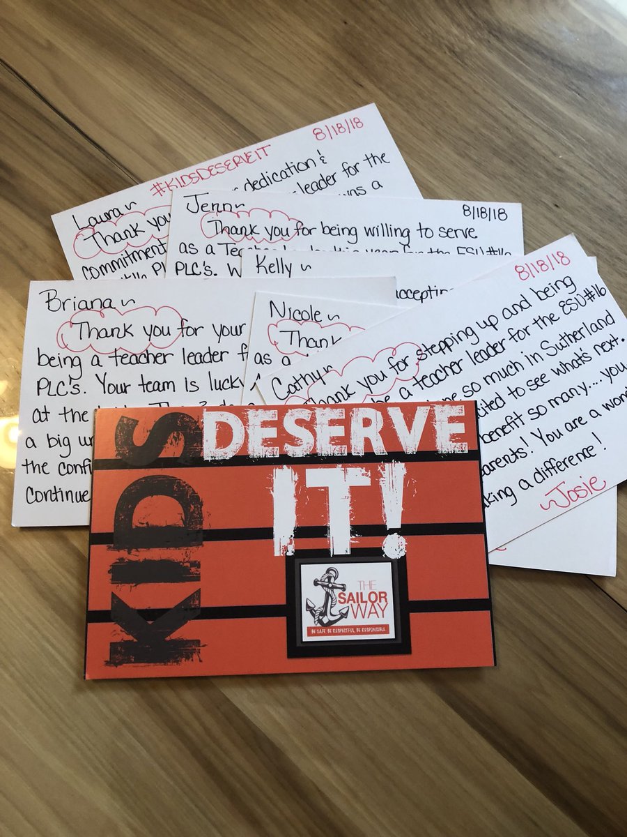 jfloyd25's tweet photo. 6 of our staff members were selected to be teacher leaders for @ESU_16 PLC #EDVENTUROUS this year! First opportunity to use my newly created Kids Deserve It postcards to express my appreciation and gratitude for them serving in this role. #WhatInspirESU #SailorPride https://t.co/0nqmFJwuiy