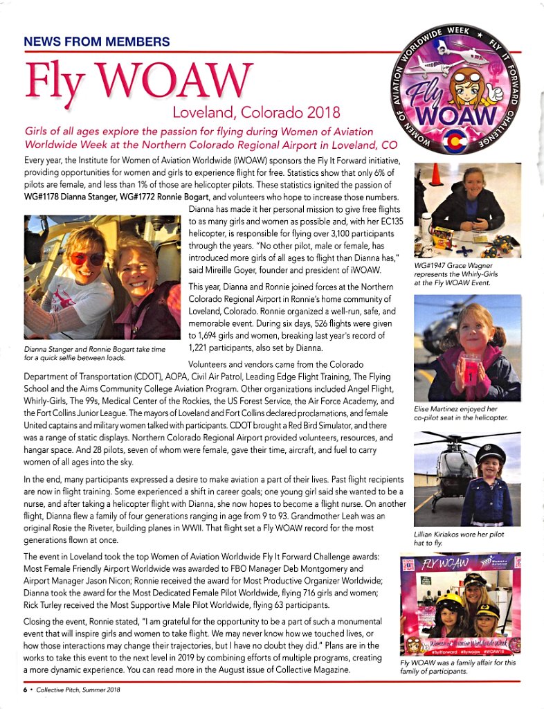 FlyWOAW's tweet photo. Nice shout out by the #WhirlyGirls recognizing our record setting efforts #aviationlovers #pilotlife.  #DiannaStanger has now given more first flights than any other person, male or female. #incredible. https://t.co/R3vLQPjal4