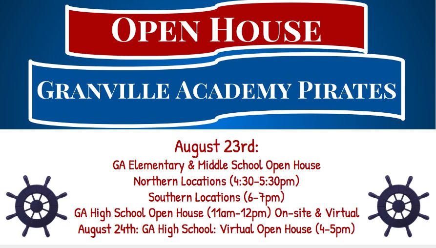 GranAcademyNC's tweet image. This week (August 23rd) is Open House!  Please view the information pictured or check out the #GranvilleAcademy website for specific times for ES, MS, &amp;amp; HS #GAPirates.  We look forward to seeing you there! #PowerPirates #PowerParents