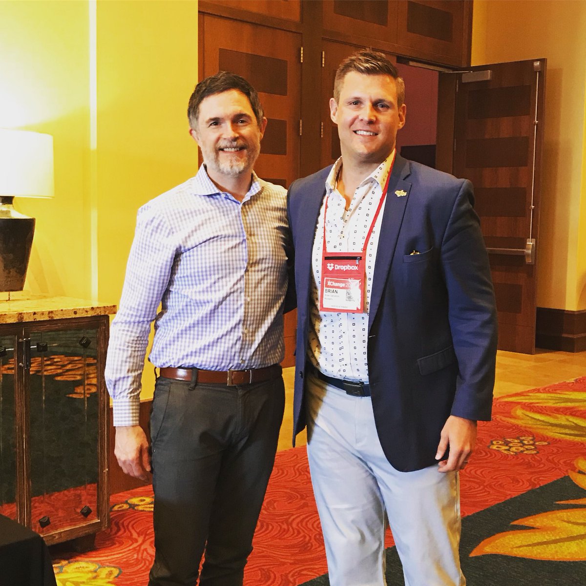 TheBrianGendron's tweet photo. With Chris Laping #CIO of Coffee & Bagels Brands like @einsteinbros, @cariboucoffee and @brueggers and author of the book #peoplebeforethings.
Great speaker and great guy. Iโm excited to read his book and write a blog on some key takeaways from his Key Note at #xch18 https://t.co/friysK9VyU