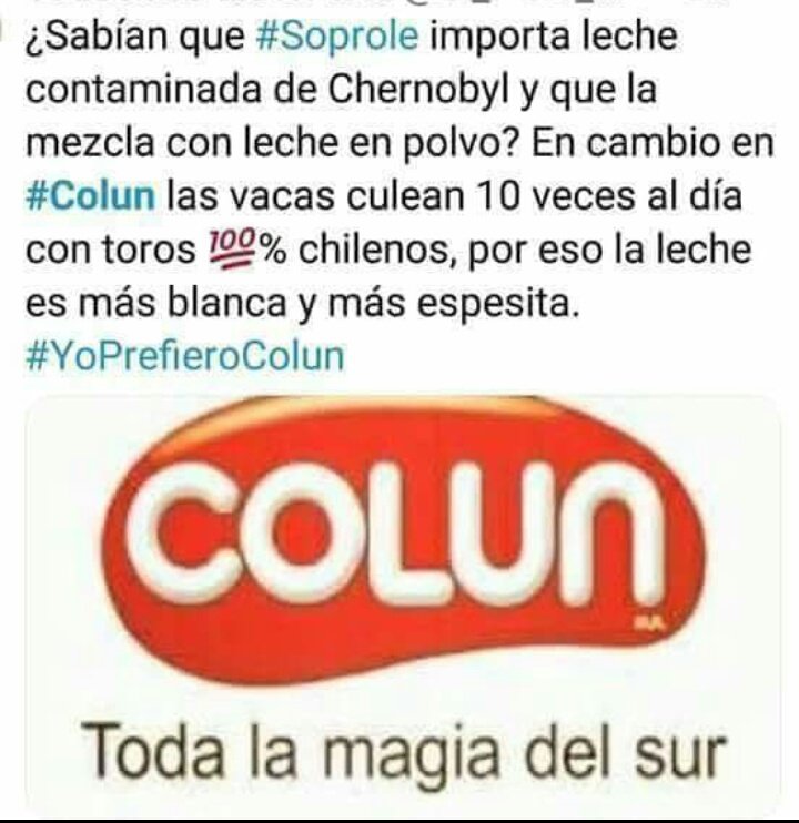 FerOAnime's tweet photo. Abajo #soprole y #nestle apoyemos todos a la unica empresa q tiene la leche mas rica y sana yyyy Chilena, apoyemos a @Monypatty2 #COLUN TODA LA MAGIA DEL SUR https://t.co/JQwuxrqt50