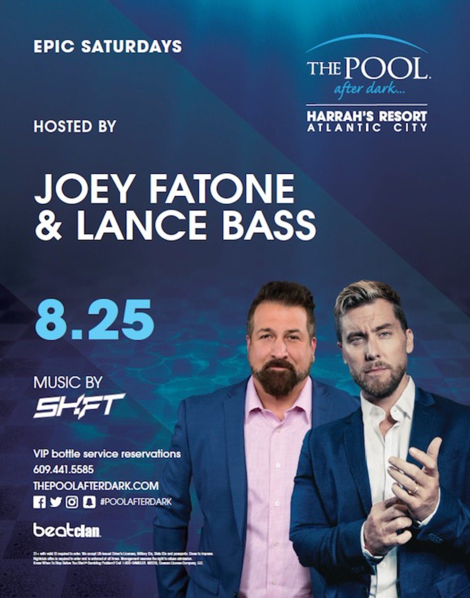 LanceBassCntrl's tweet photo. #AtlanticCity @LanceBass and @realjoeyfatone are headed your way! Hosting #EpicSaturdays @poolafterdark Saturday August 25! Get your tickets-> https://t.co/QEoRVHRdOS https://t.co/R0koQwTHyc