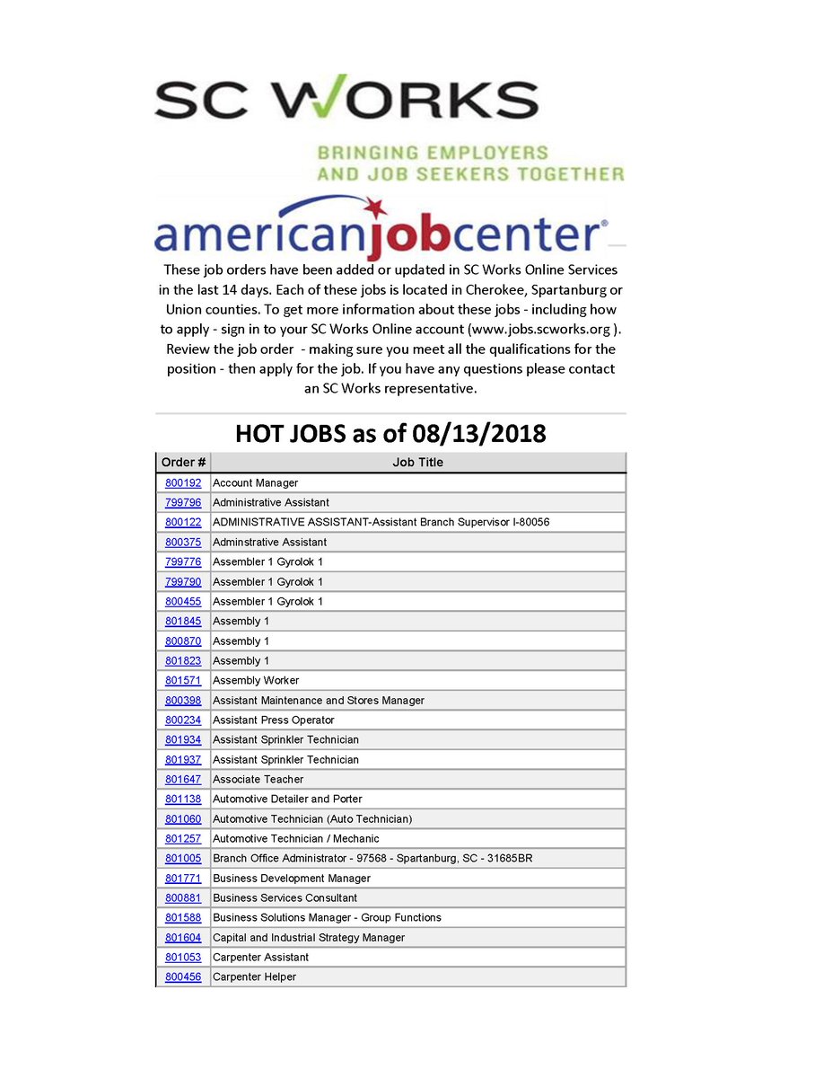 SCWorksinfo's tweet photo. Check out some of these #HotJobs in the Upstate! These jobs have been added or updated in the last 2 weeks in Cherokee, Spartanburg or Union counties. #UpstateJobs #SpartanburgCountyJobs #UnionCountyJobs #CherokeeCountyJobs https://t.co/svMKNiXK6M