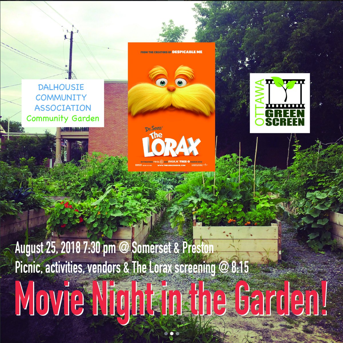 greenscreen613's tweet photo. Dr. Seuss’s #TheLorax speaks about the importance of seeing beauty in the world around us, and our responsibility to protect it. Come watch at #Greenscreen613's next event in the community garden at #Preston & #Somerset. Pack a #picnic, chair, & join us! https://t.co/zDfahfs2Yn https://t.co/dhHcR8gkqa
