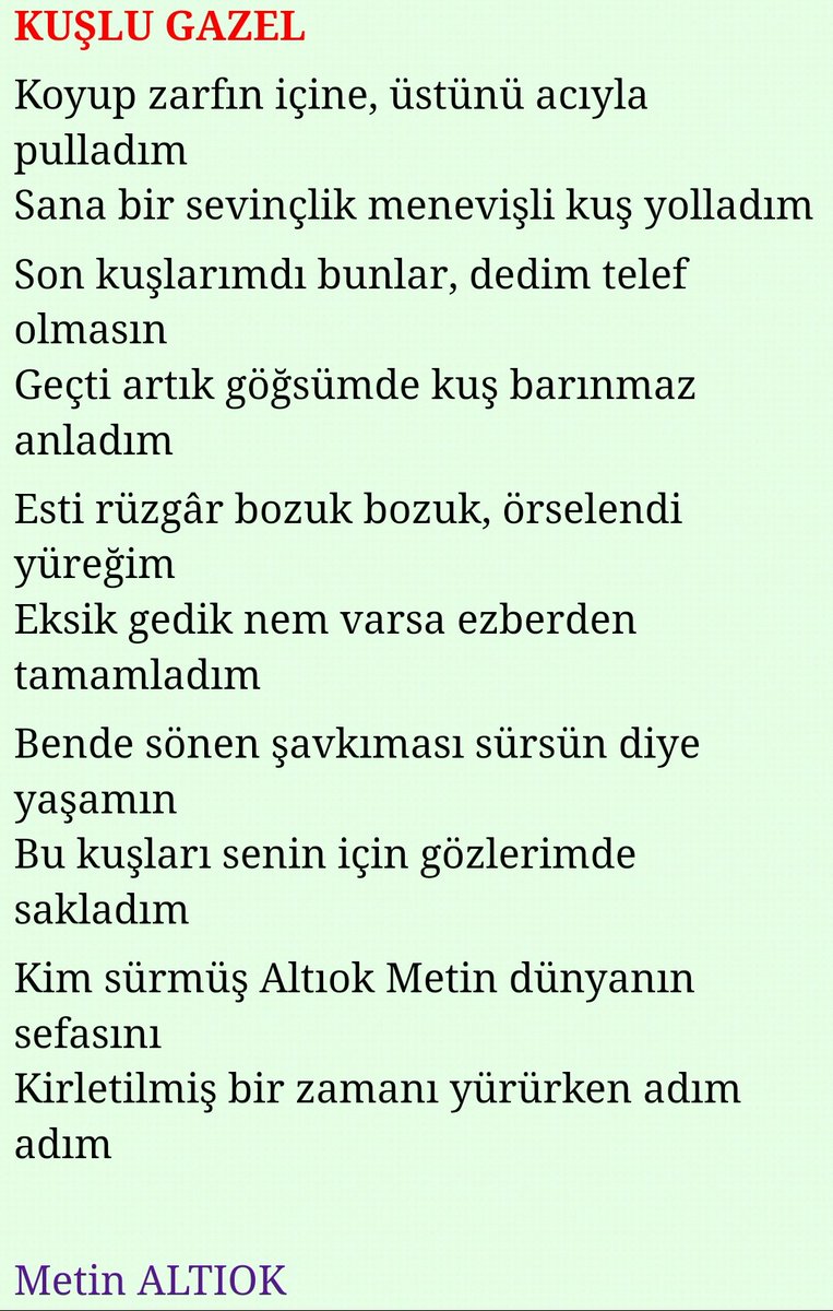 benMusaCelik's tweet photo. Geçti artık göğsümde kuş barınmaz anladım...
#metinaltiok #şiirsokakta  #şiir  #şiirimizkaradirabiler https://t.co/dcWmTFFiNb
