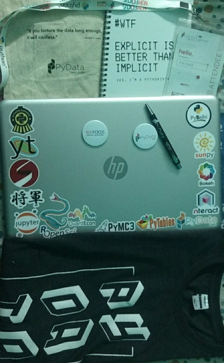 im_gozmit's tweet image. Thanks @PyDataDelhi  for such a awesome conference, met many great people and speakers and also for the swags 😅 #PyDataDelhi18  
Will be present in the next year conf 😎
