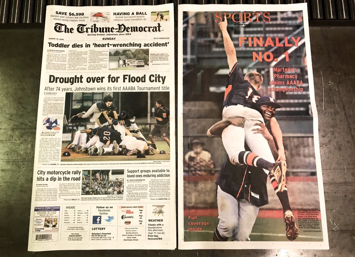 ThomasSlusser's tweet photo. Today’s @tribunedemocrat featuring @MartellasAAABA 3-2 victory over @nolaboosters to win city’s first @aaababaseball championship. #JohnstownPA #AAABA2018 Read more: https://t.co/zD48LdZLqD https://t.co/ScLIws0sDl
