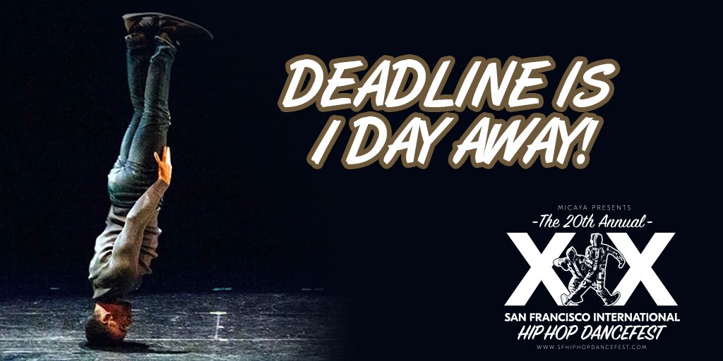 sfhiphopdance's tweet photo. ONE. DAY. LEFT.
Deadline for our #InternationalCallForSubmissions is TOMORROW Aug 13! #Dancers go to https://t.co/UYqHhN1FtL to apply. #20yearanniversary #hiphop #dance #apply #sfihhdf #international #festival #popping #locking #breaking #bboy #bgirl https://t.co/0wVUv7WZ19