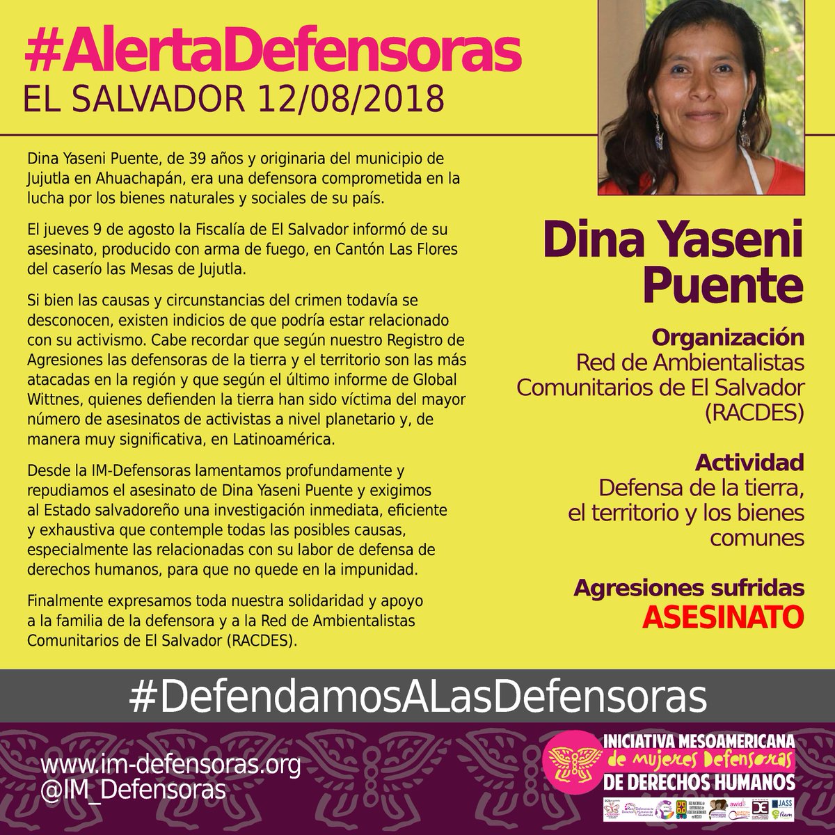 IM_Defensoras's tweet photo. 🆘#AlertaDefensoras EL SALVADOR / Asesinan a Dina Yaseni Puente, defensora de la tierra, el territorio y los bienes comunes integrante de la RACDES
▶️https://t.co/WHZUJr3DmH
@RDefensorasSV https://t.co/V9udbBKdxt