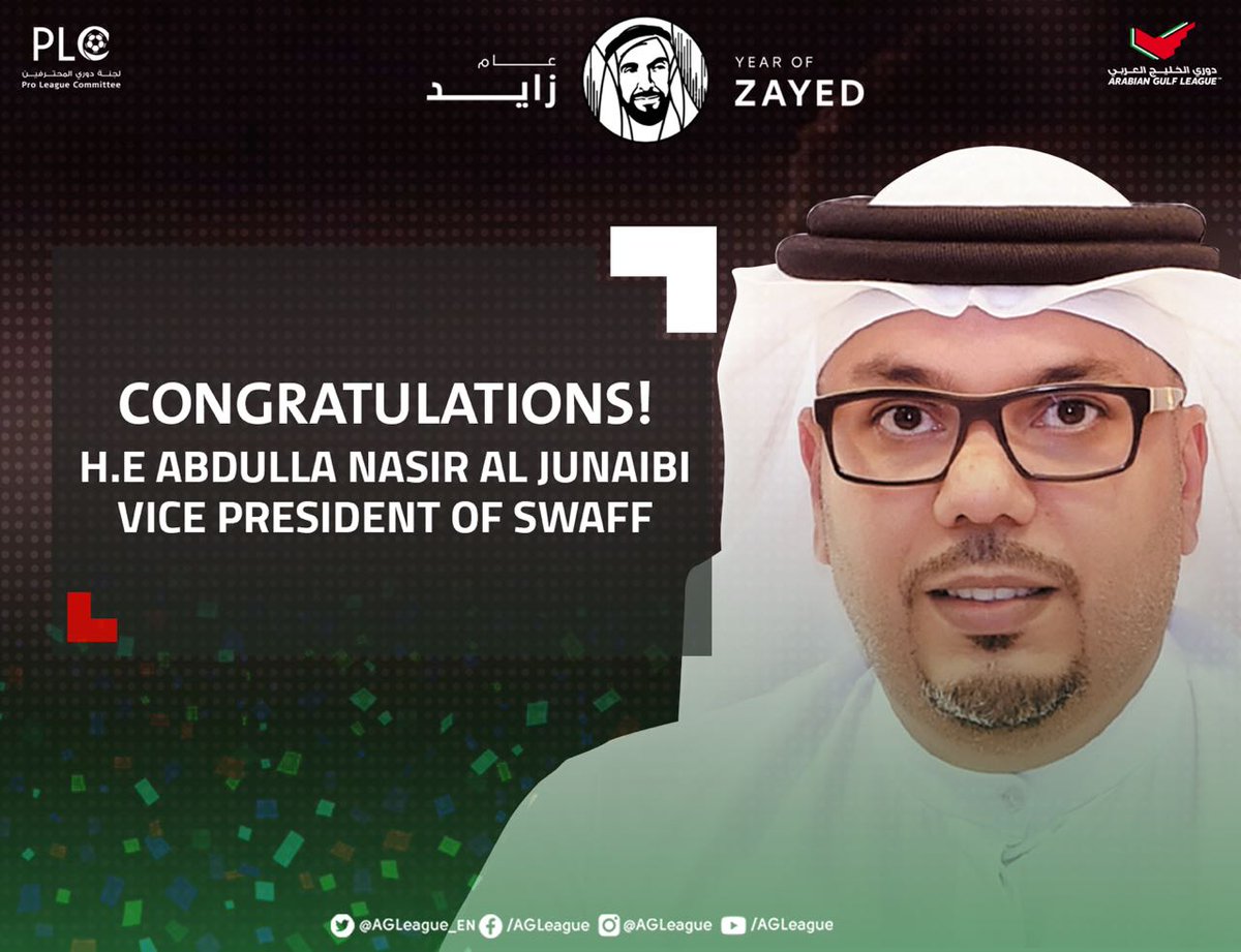 UAEProleague_En's tweet photo. Congratulations to His Excellency @aaljunaibi, the new Vice-President of Southwest Asia Football Federation #SWAFF! ๐ https://t.co/3D6YOAJKcw