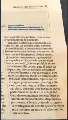 Carta de una usuaria abogada en Voz Polpuli 11-08-2018. Reivindicando las terapias físicas en España como en la UE.