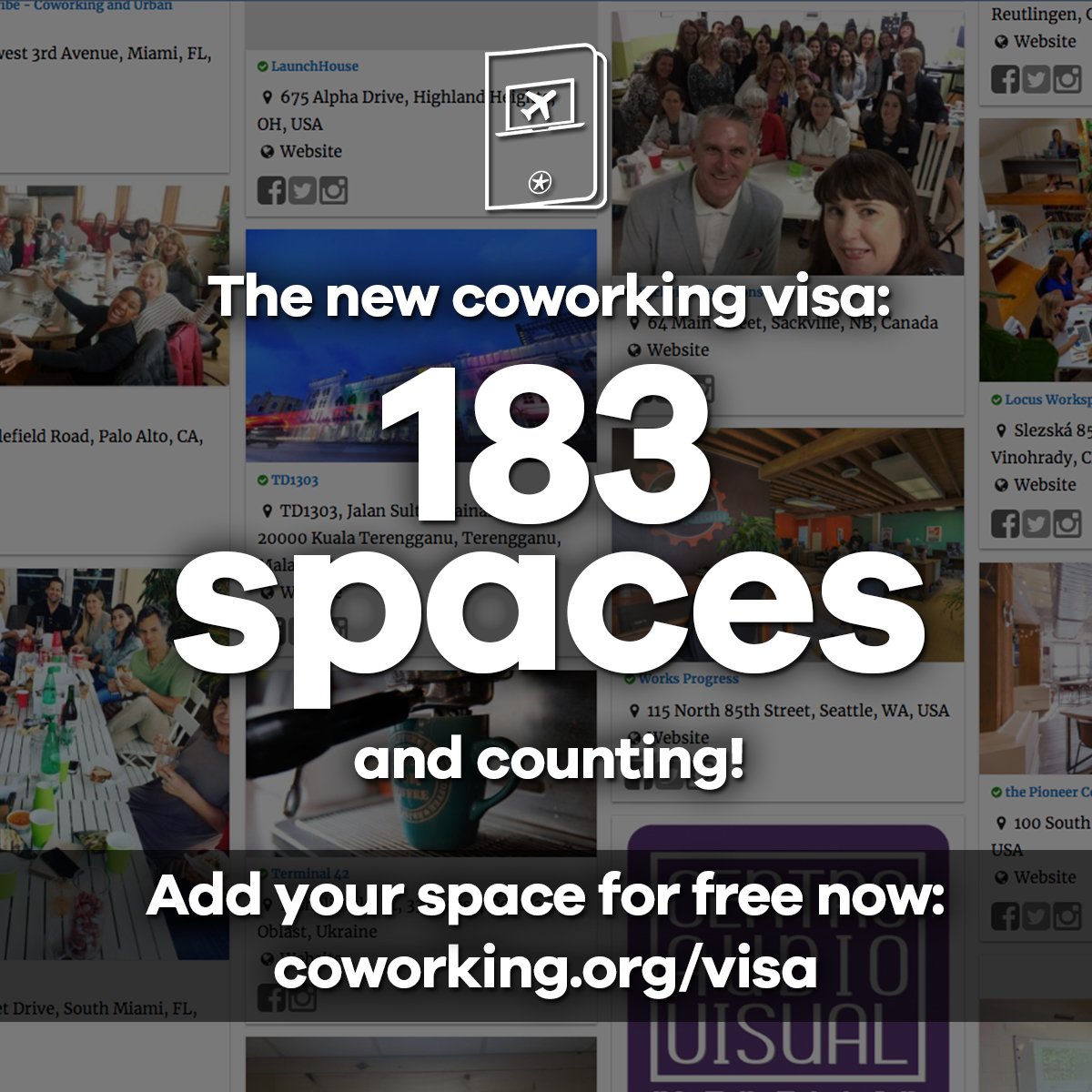 Help us get the Coworking Visa to 200 spaces!

By adding your space, your members will have free access to 183 (and counting!) spaces all over the world—and it's free for you to register as well!

Learn more and add your space here:
coworking.org/visa
