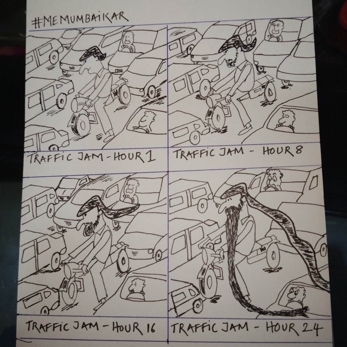 Imperfect_Lines's tweet photo. Weekend #cartoon: This took some time to sketch for I have tried to create a comic strip here. 
The evolution of facial hair as one waits for the traffic to clear :)))

#MeMumbaikar #traffic #trafficjam #cartoon #mumbai #Mumbai 
@rajivbHDFCBank https://t.co/YDGaSVb9ls