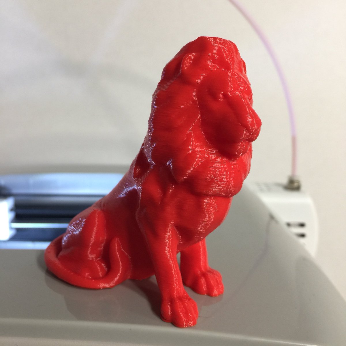 JRansomWright's tweet photo. Fresh Print from the YAN 3D Printer from #FurlingTechnology using @repkord Red PLA on the HD Lion Model printing at 0.20mm layer height, and without the Raft, going Blue Tape right on the hexagon print surface. #NoMoreRaft https://t.co/qndjMuEOAZ