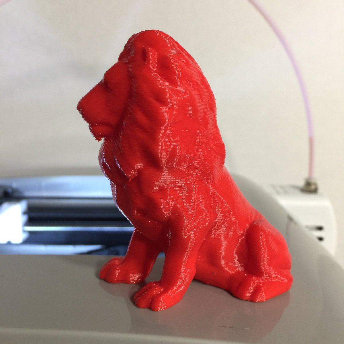 JRansomWright's tweet photo. Fresh Print from the YAN 3D Printer from #FurlingTechnology using @repkord Red PLA on the HD Lion Model printing at 0.20mm layer height, and without the Raft, going Blue Tape right on the hexagon print surface. #NoMoreRaft https://t.co/qndjMuEOAZ