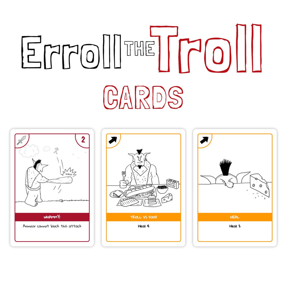 badlydrawndeath's tweet photo. 3 cards from the game featuring new character Erroll the Troll. Heal actions let you draw cards from the discard pile to create some much needed health... #cardgame #boardgame #kickstarter https://t.co/Gg6GeOQ5iK