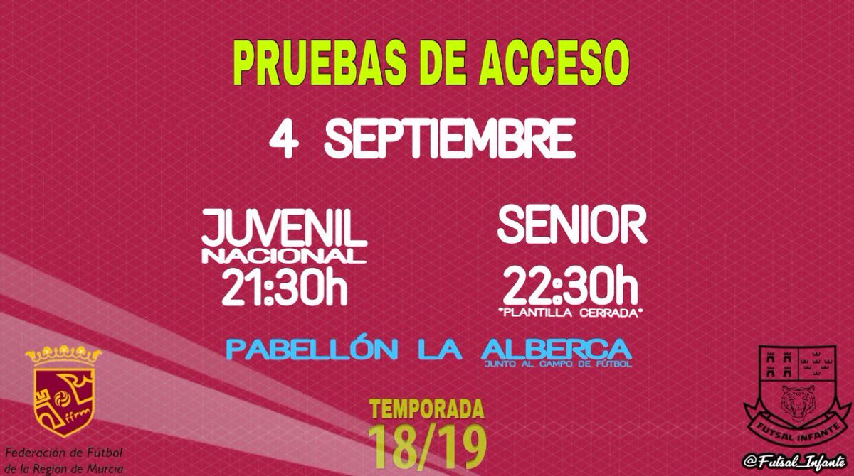 Futsal_Infante's tweet photo. [PRETEMPORADA] 📌¡Ya hay fecha!📌 Pruebas de acceso de Futsal Infante.

📆Martes 4 de Septimebre
⏰Juvenil (21:30h) Senior (22:30h)
📍Pabellón La Alberca (Junto al campo de fútbol).

🤗¡Os esperamos!🤗 #GoInfante 💚#masqueunequipounafamilia 👨‍👩‍👧‍👦 https://t.co/wa7FXP0wry